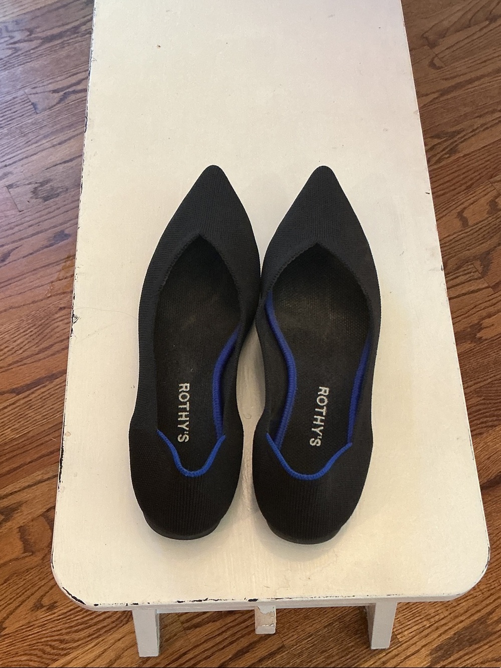 Rothy's Black Pointed Knit Flats with Blue Trim